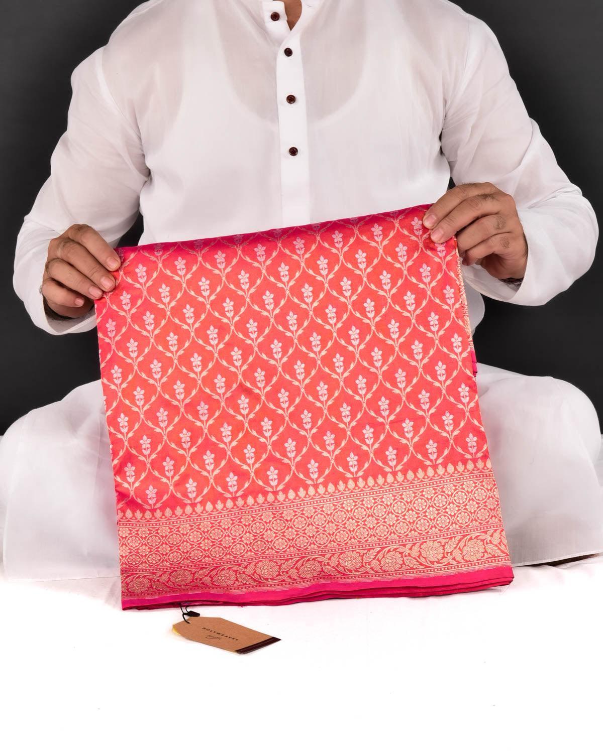 Shot Pink-Orange Banarasi Gold & Silver Zari Alfi Jangla Cutwork Brocade Handwoven Katan Silk Saree