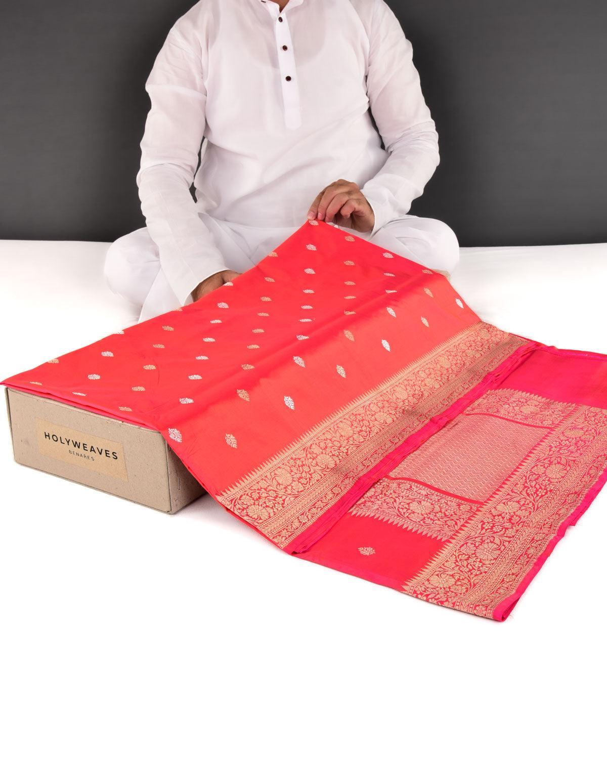 Shot Pink-Orange Banarasi Silver & Gold Zari Buti Kadhuan Brocade Handwoven Katan Silk Saree