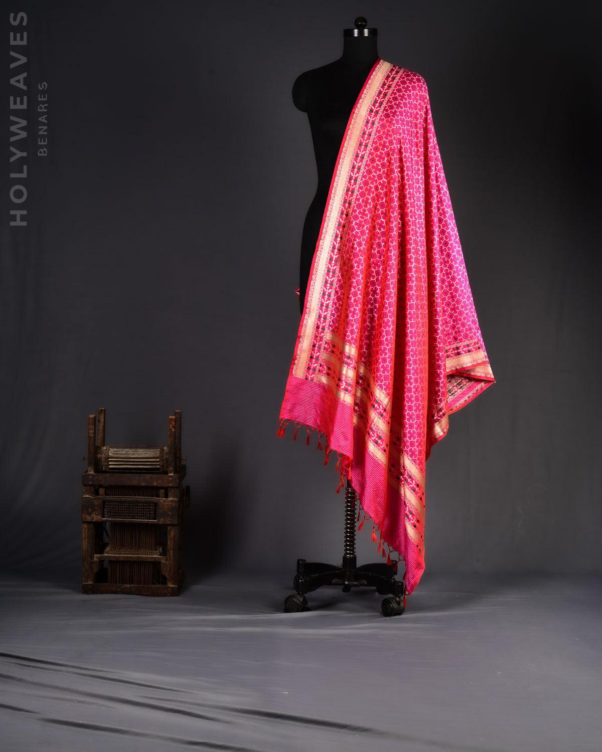 Shot Rani Pink Banarasi Moroccon Grids Gold Zari Cutwork Brocade Handwoven Katan Silk Dupatta