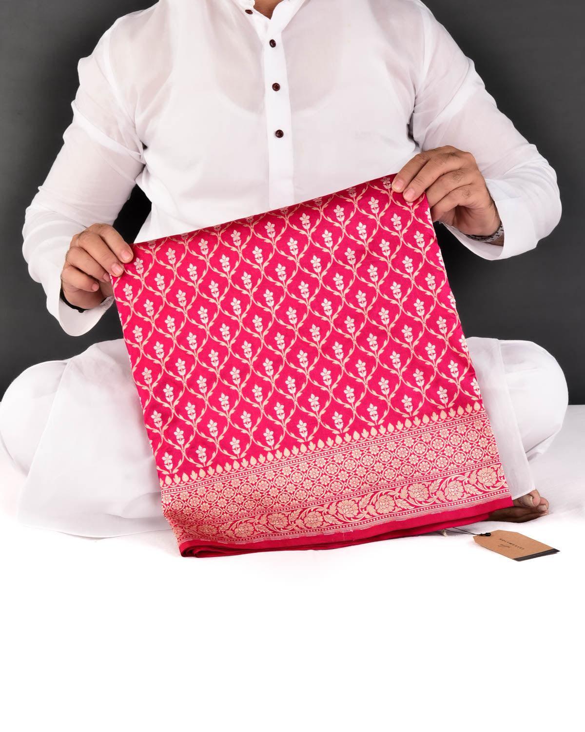 Shot Red-Pink Banarasi Gold & Silver Zari Alfi Jangla Cutwork Brocade Handwoven Katan Silk Saree