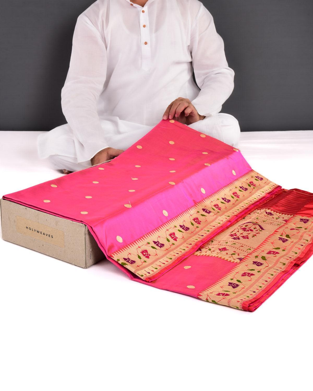 Sunny Pink Banarasi Asharfi Buti With Paithani Border Kadhuan Brocade Handwoven Katan Silk Saree
