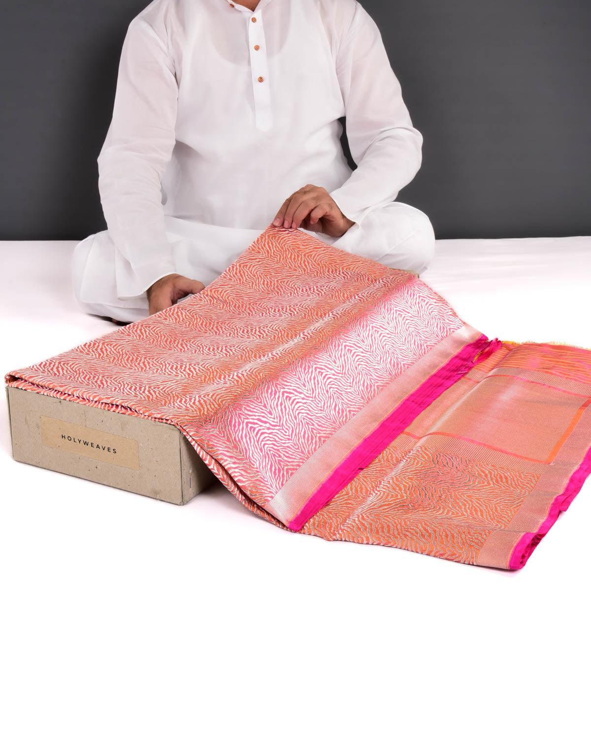 Sunny Pink Banarasi Gold Zari "Tigress" Stripes Brocade Handwoven Katan Silk Saree