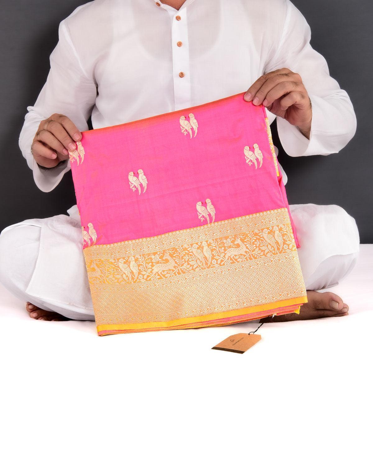 Sunny Pink Banarasi Love-Birds Kadhuan Brocade Handwoven Katan Silk Saree