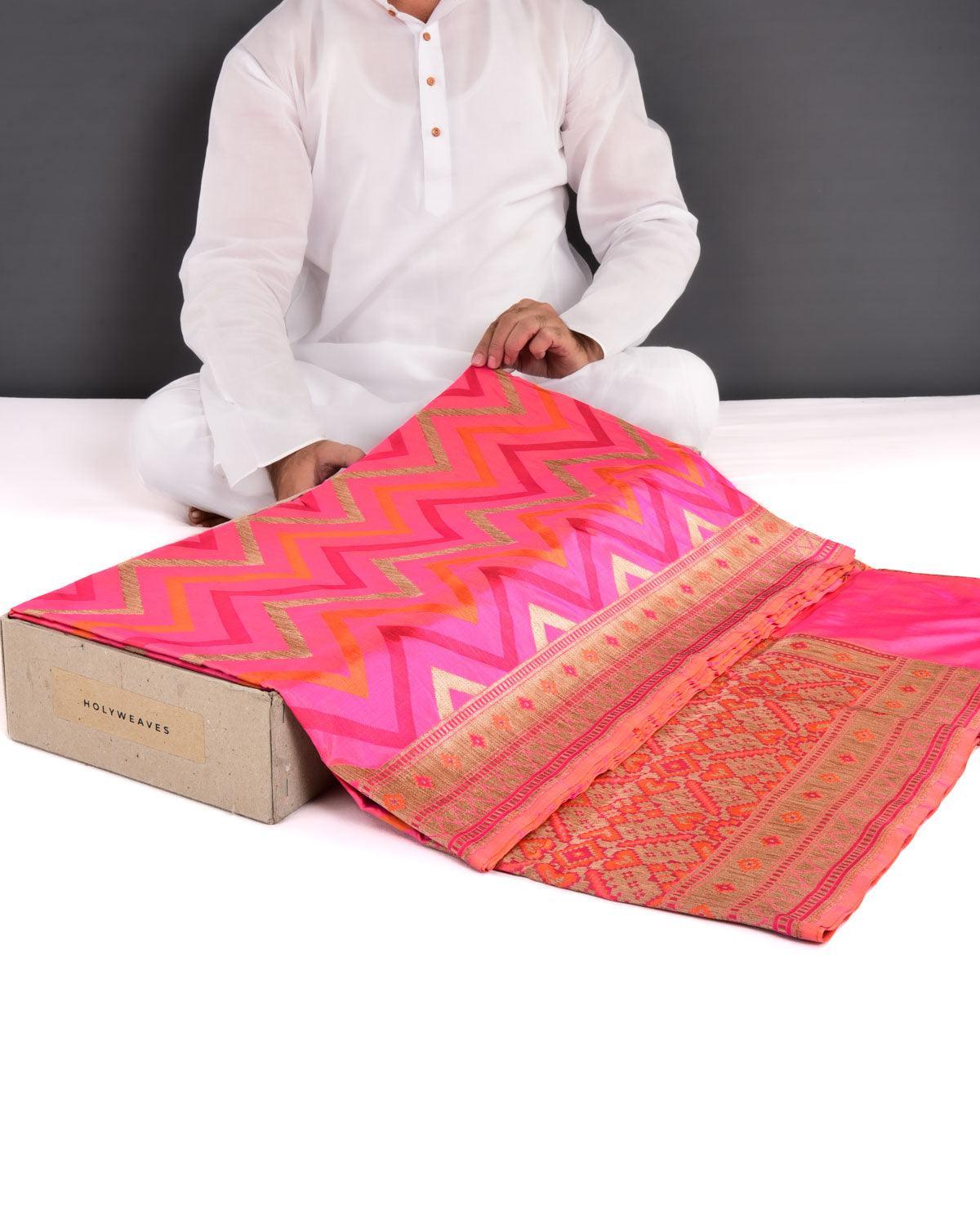 Sunny Pink Banarasi Resham & Zari Chevron Cutwork Brocade Handwoven Katan Silk Saree