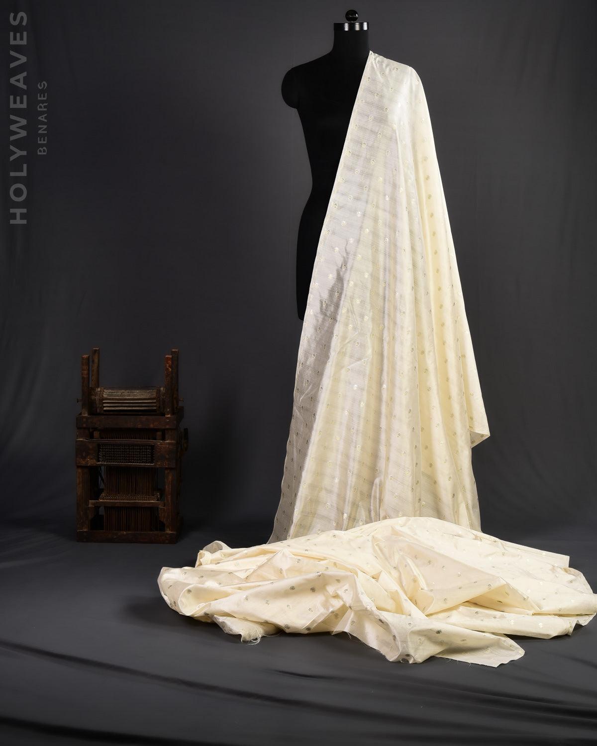 White Banarasi Gold & Silver Zari Alfi Buti Cutwork Brocade Handwoven Spun Silk Fabric
