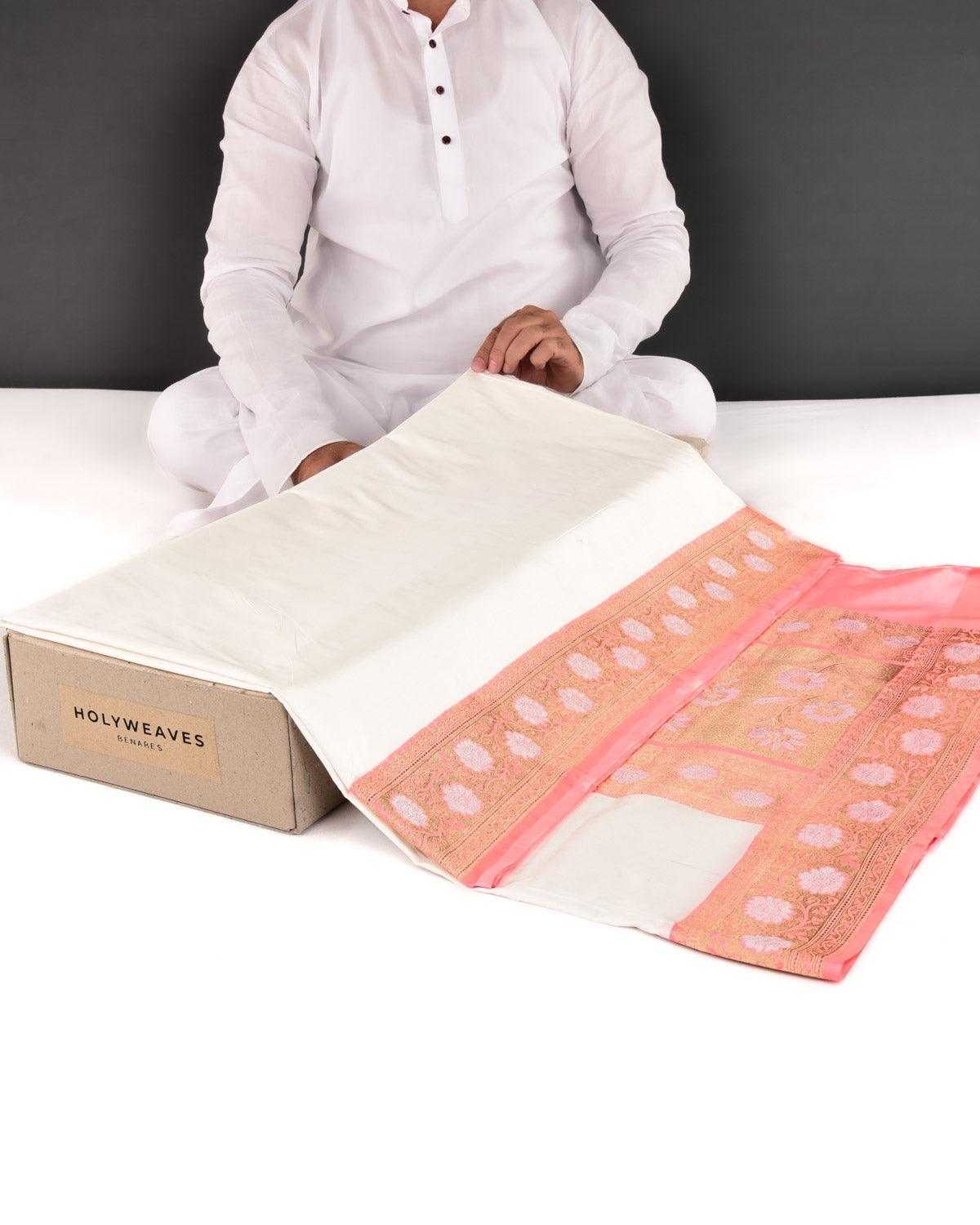 White Banarasi Kadhuan Brocade Handwoven Katan Silk Saree