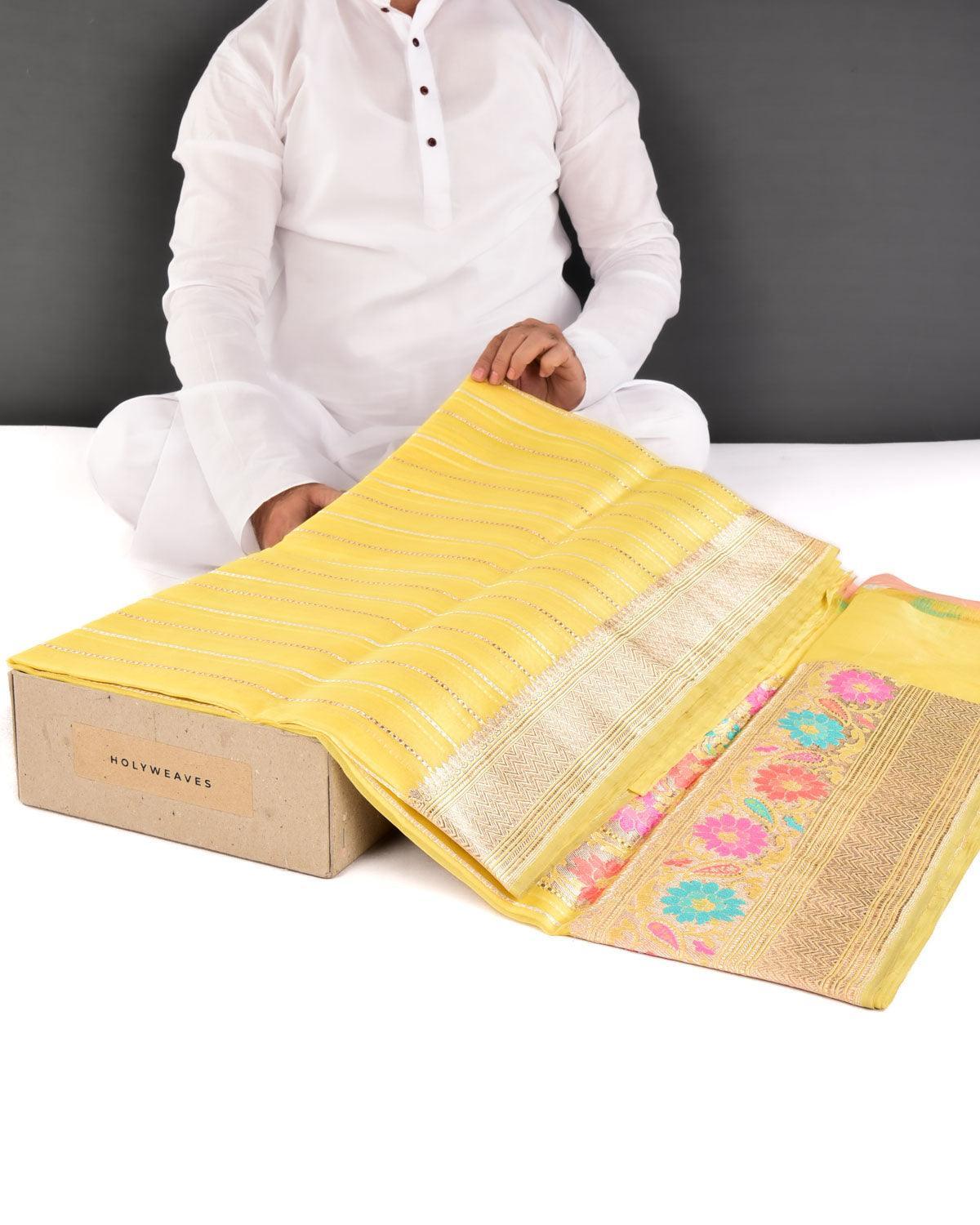 Yellow Banarasi Gold & Silver Zari Dotted Stripes Kadhuan Brocade Handwoven Kora Silk Saree with Meenekari Border Pallu