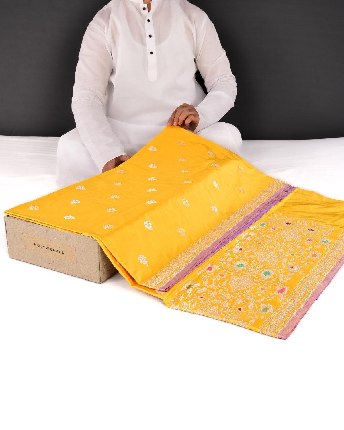 Yellow Banarasi Gold Zari Kadhuan Brocade Handwoven Katan Silk Saree with Meenekari Brocade Border Pallu