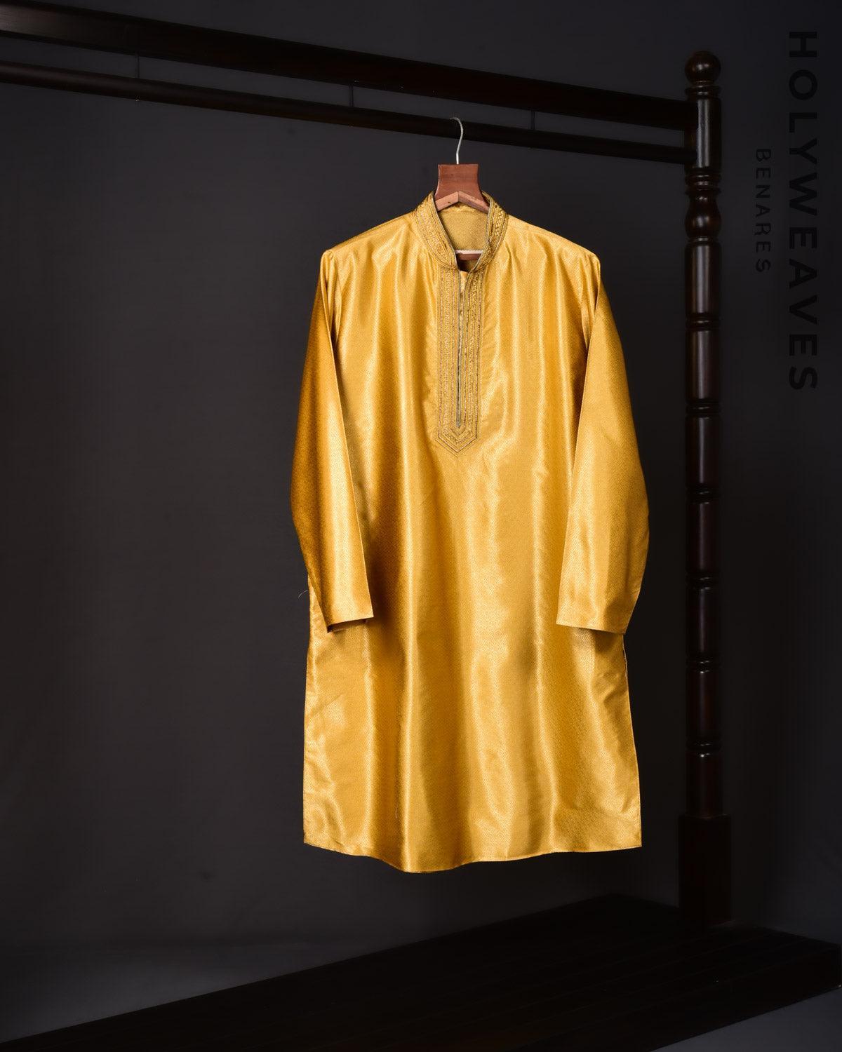 Yellow Banarasi Jamawar Brocade Handwoven Katan Silk Mens Kurta Pyjama