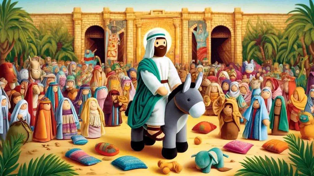 Christian plush toys - Jesus soft toy riding a donkey entering Jerusalem