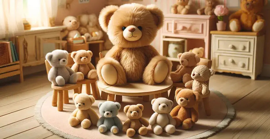 Famous stuffed animals collection featuring Teddy bear and a lot of other stuffed bears in a cozy room