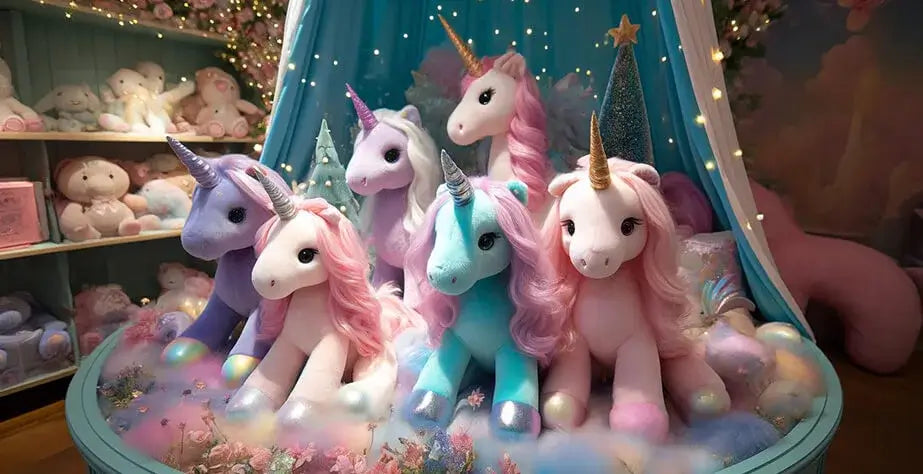 Famous stuffed animals collection featuring a few stuffed unicorns