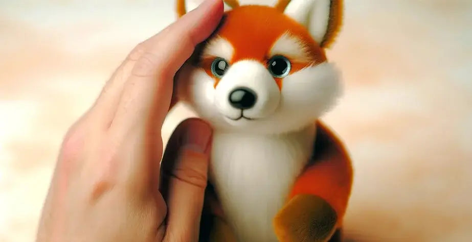 Famous stuffed animals collection featuring a hand pampering a cute stuffed fox