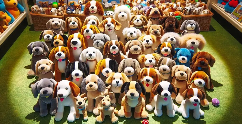 Famous stuffed animals collection featuring a lot of cute stuffed dogs on green floor