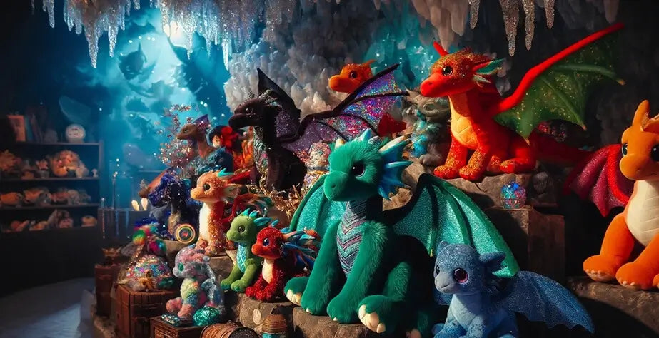 Famous stuffed animals collection featuring a lot of cute stuffed dragons in a cave