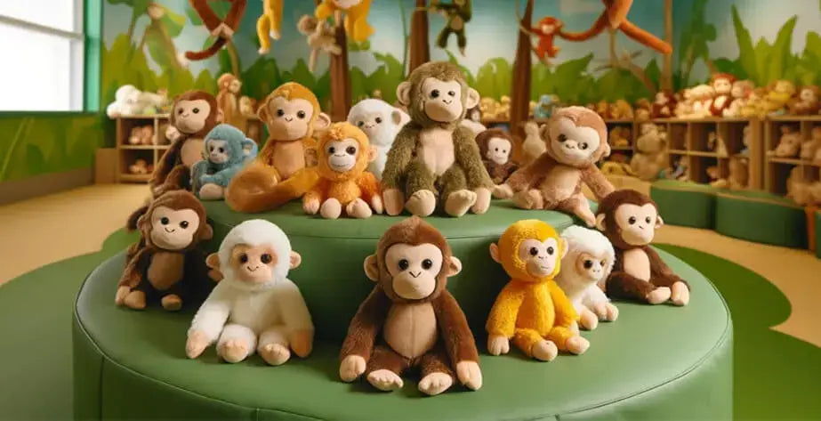Famous stuffed animals collection featuring a lot of stuffed monkeys on a green couch