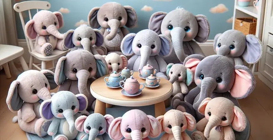 Famous stuffed animals collection featuring many cute stuffed elephants