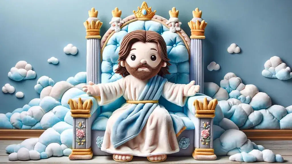 Jesus plush toy sitting on the throne with clouds around