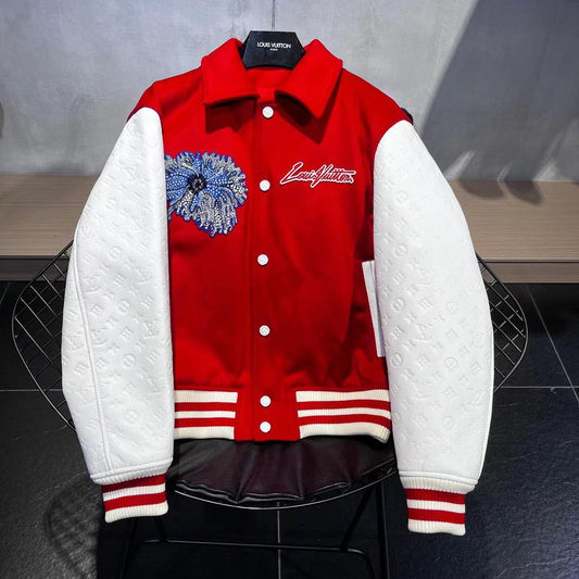 psychedelic flower embroidered varsity