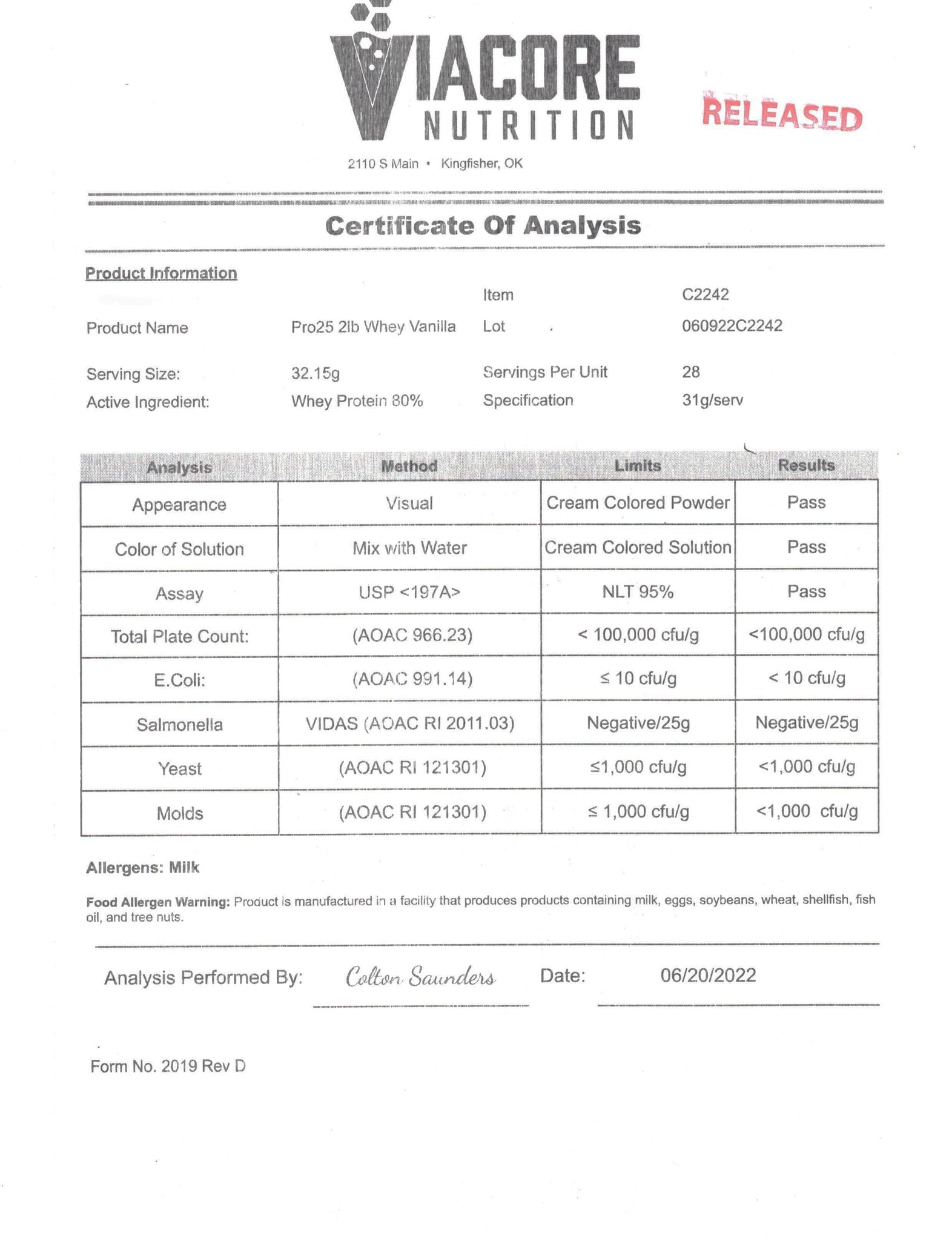 Lab Report for Protein Whey Premium Protein Blend Vanilla Milkshake