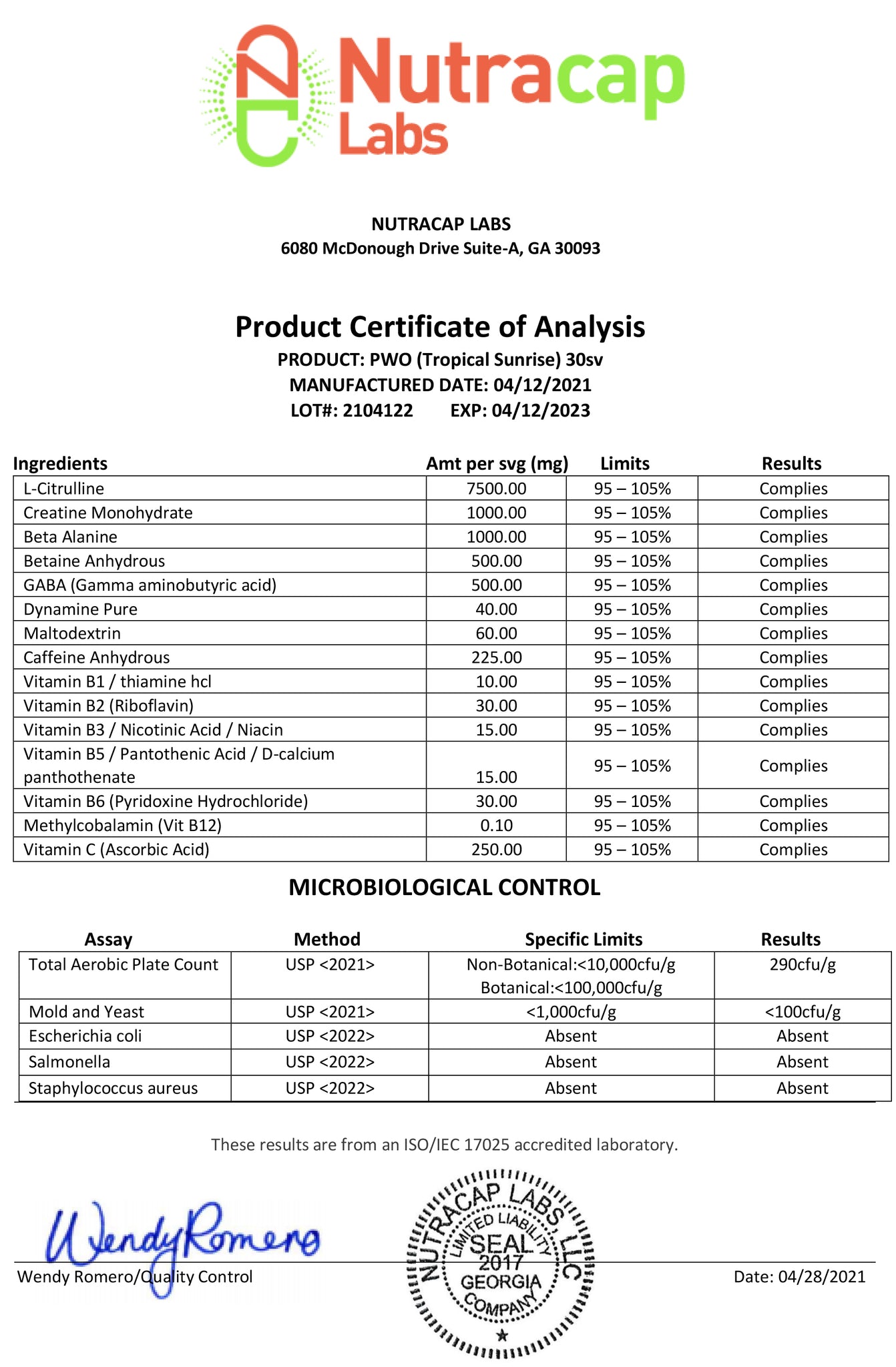 Lab Report for Pre Workout (Tropical Sunrise)