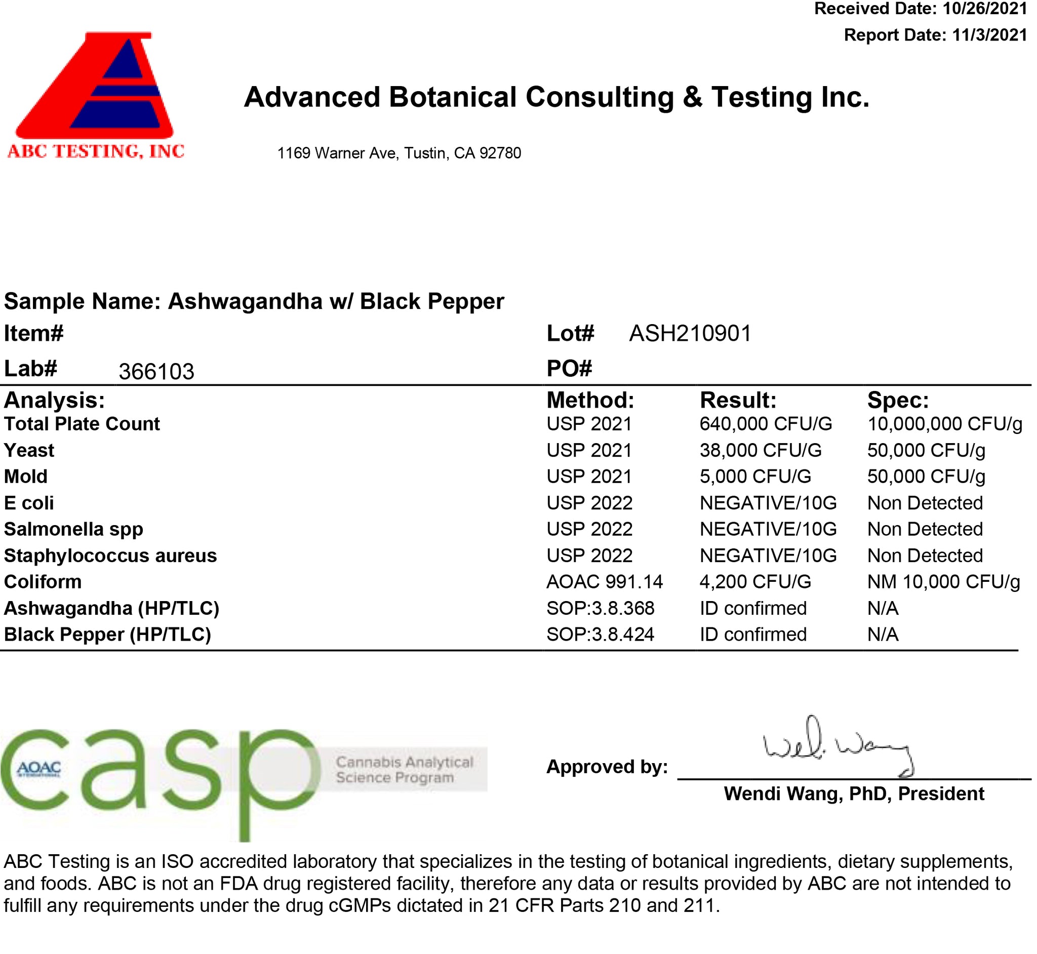 Lab Report for Organic Ashwagandha