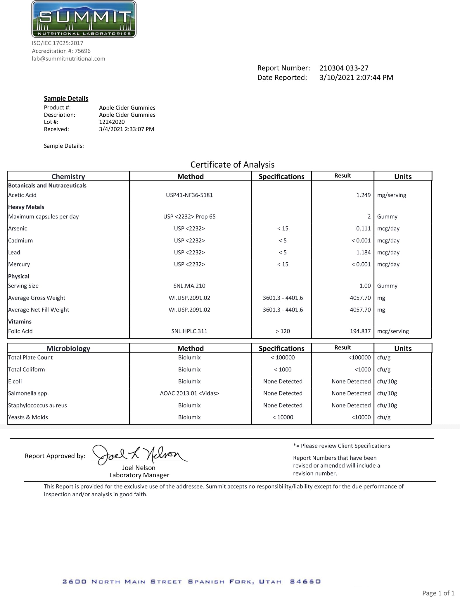 Lab Report for Products Apple Cider Vinegar Gummies