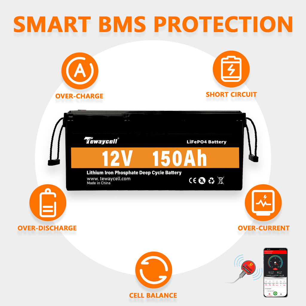 Tewaycell 12V 150AH LiFePO4 Battery Built-in Samrt BMS With Bluetooth