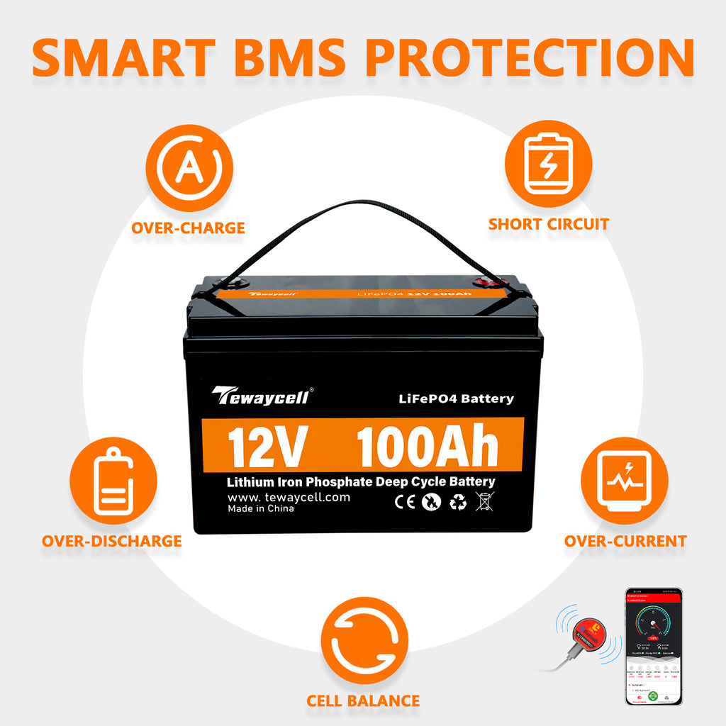Tewaycell LiFePO4 12V 100Ah Battery Built-in Smart BMS With Blue Tooth