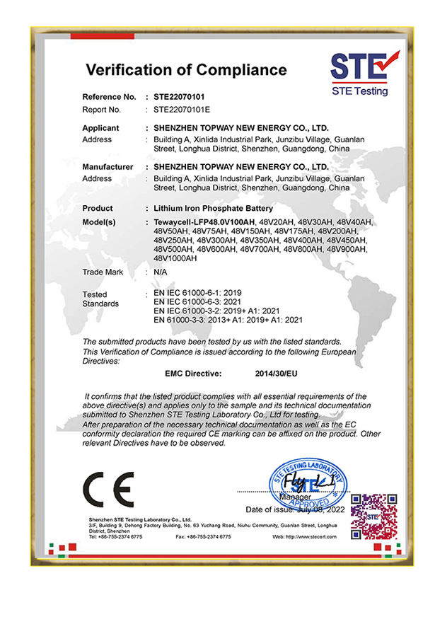 Tewaycell CE Certification  Of LiFePO4 48V Battery