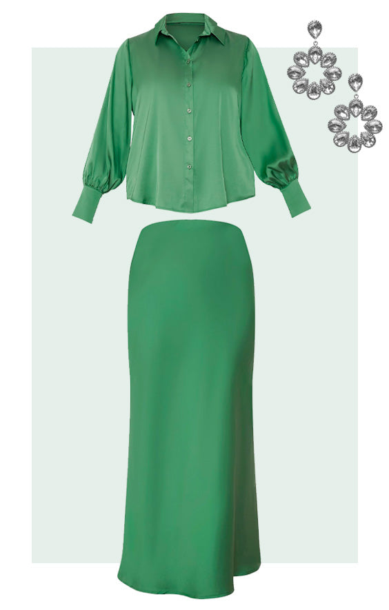 Satin Slip Maxi Skirt in Green