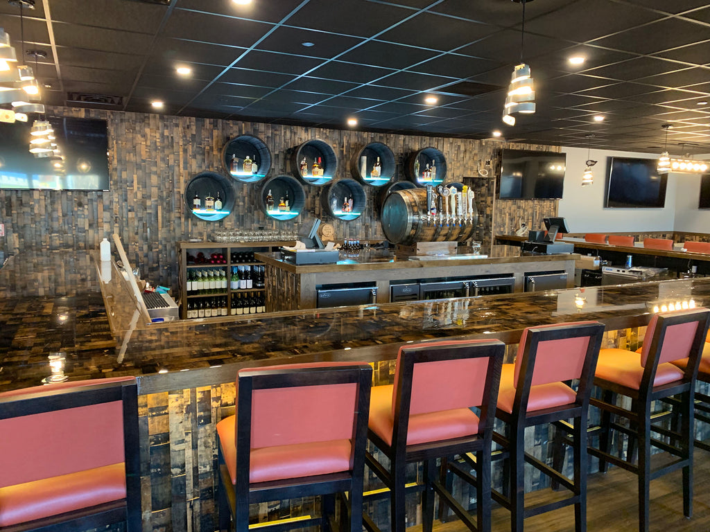 Commercial Project Spotlight -- Barrels and Boards Restaurant and Marketplace using Reclaimed Whiskey Barrel Wall Panels