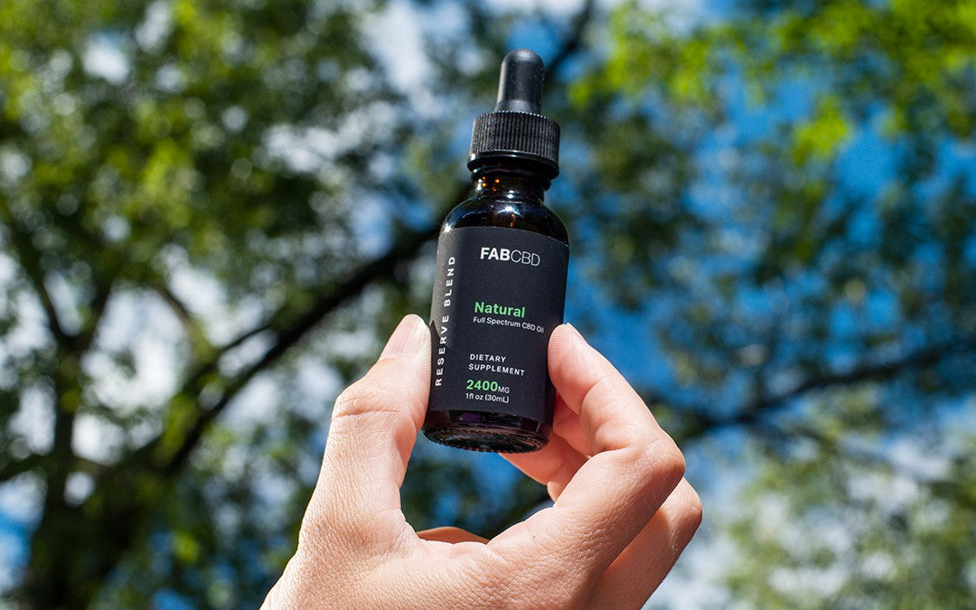 A Hand Holding a Bottle of 2400mg FAB CBD Full-Spectrum CBD Oil with the sky and trees behind it