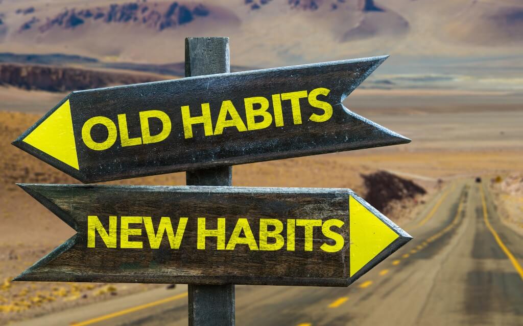 A wooden road sign with two boards pointing opposite directions saying "old habits" and "new habits"