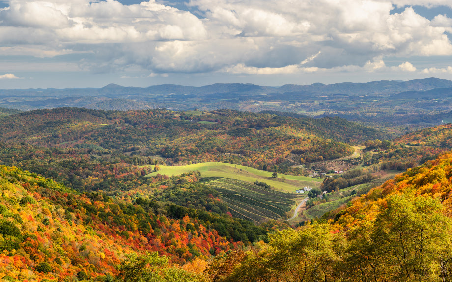 Looking down on a vast expanse of rolling Virginia hills