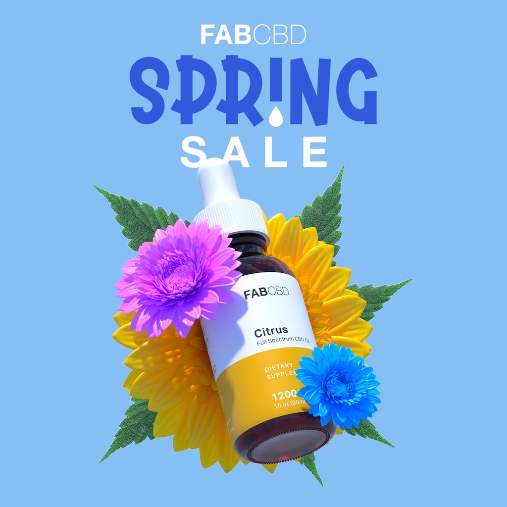 A bottle of CBD amidst a bouquet of flowers, with the words "Spring Sale"