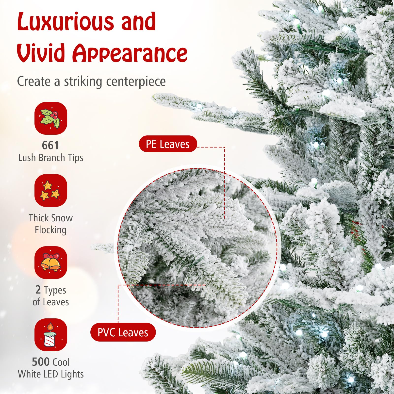 Goplus 6/7/8 ft Pre-Lit Snow Flocked Christmas Tree, Artificial Hinged Xmas Tree with 661/1119/1447 PVC & PE Tips - Image 3