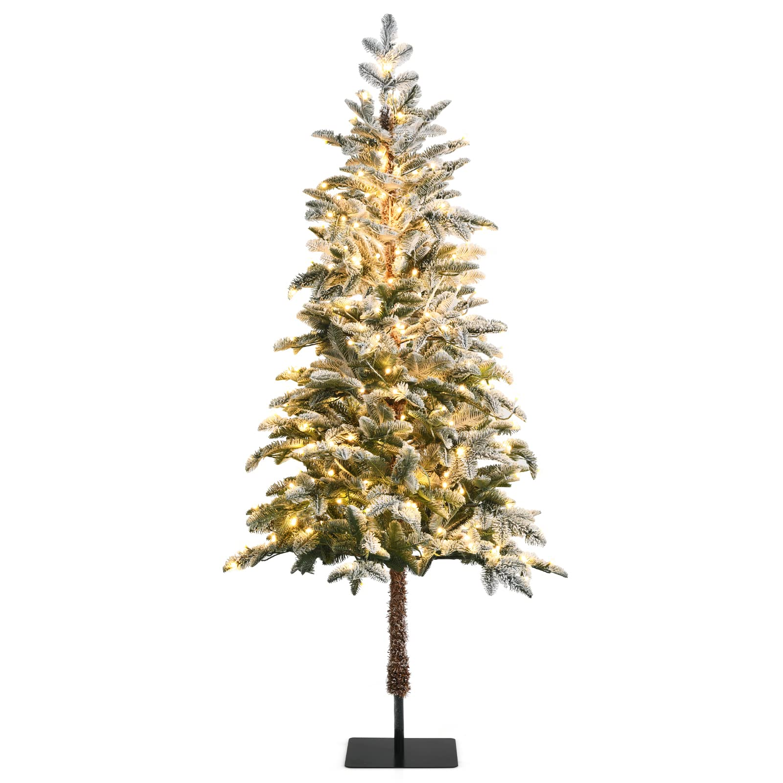 Goplus 6ft Pre-lit Pencil Christmas Tree, Snow Flocked Artificial Slim Tree w/ 250 Warm White LED Lights