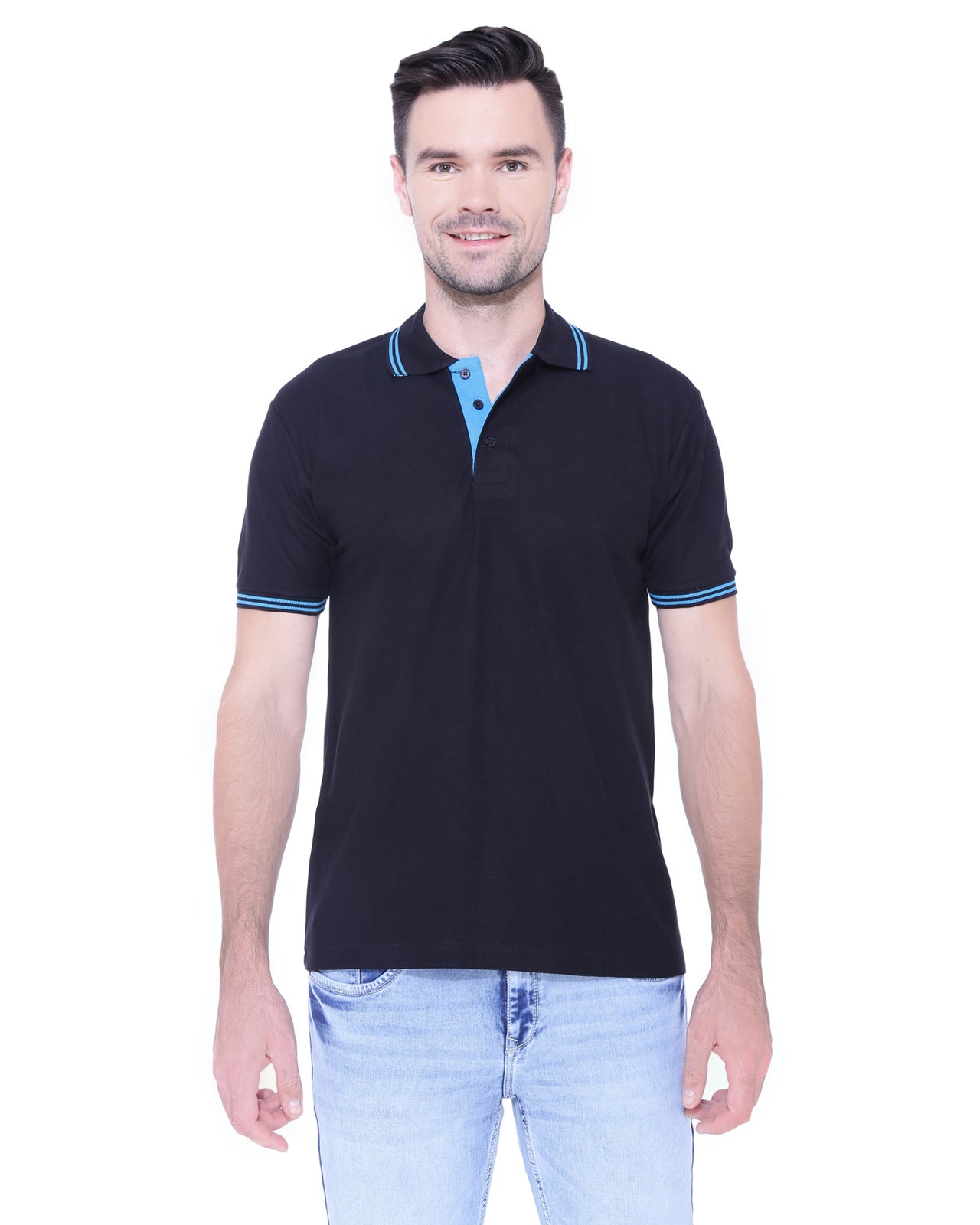 Buy RIJAC Black With Blue Tipping Men Polo Collar Half Sleeve T-Shirt Online In