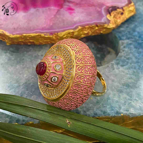 Pink meenakari ring. This ring is set in zirconia.