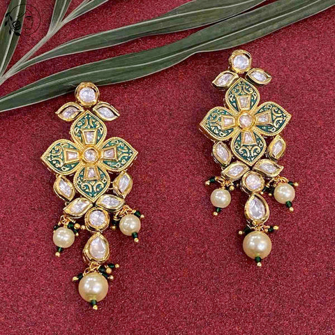 Green meenakari dangler earrings with pearl drops.
