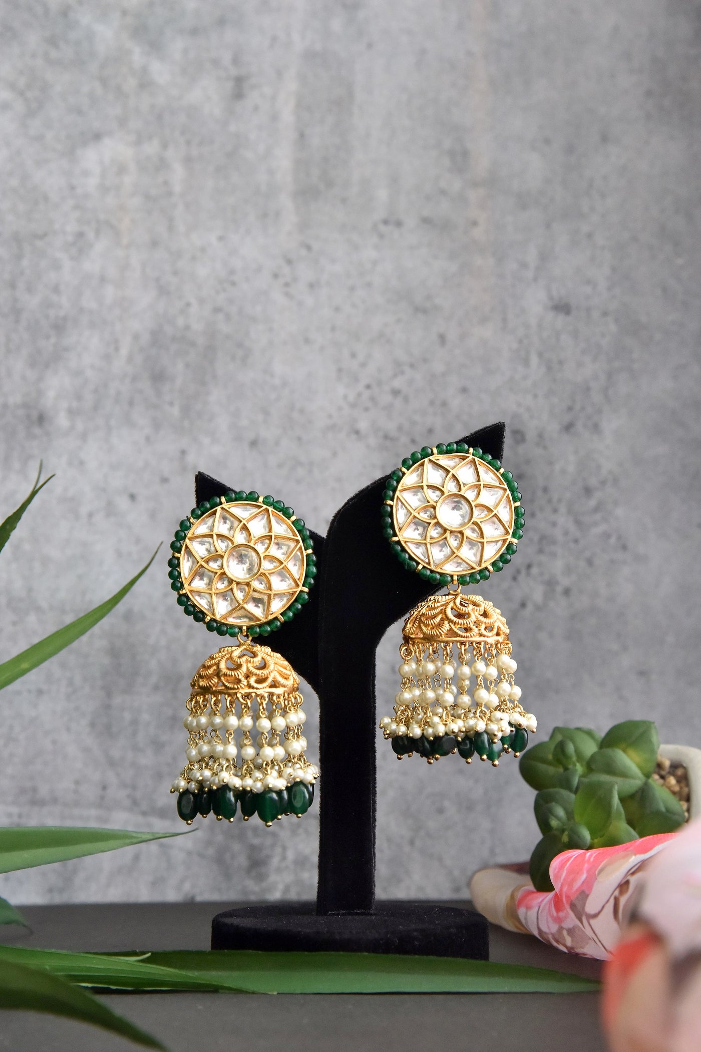 Mavishka Green Gold Plated Kundan Jhumka Earrings