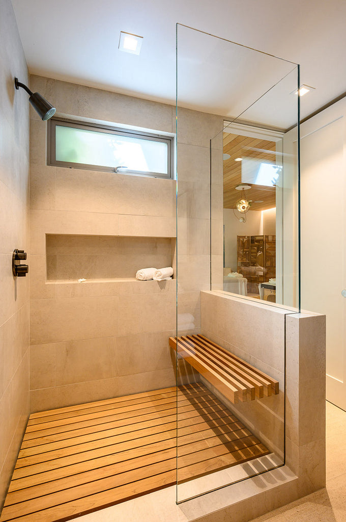 elegant shower remodel wood flooring