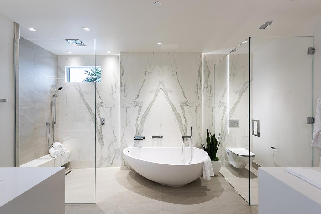 Open Marble Walk In Shower with Skylight - Transitional - Bathroom