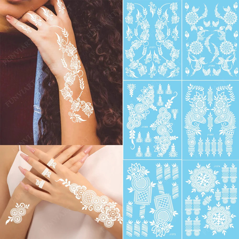 Lianfudai Flower White Henna Temporary Tattoo Sticker Women Hand Foot Tatoo Paste Waterproof Body Art Tattoo Wedding Party Henna Tattoo