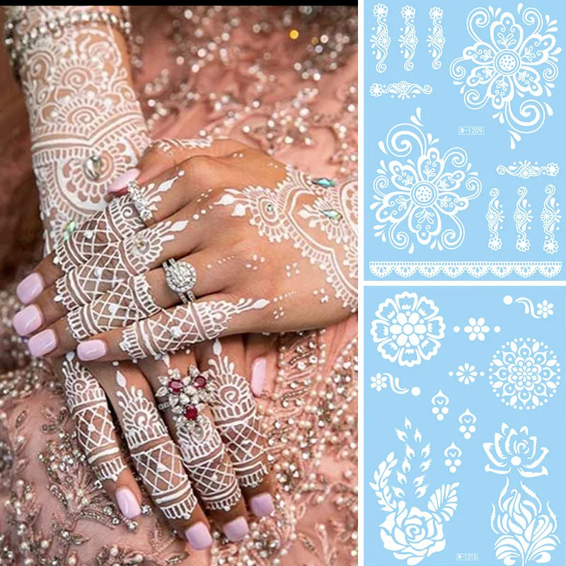 Lianfudai White Henna Stickers for Hand Temporary Henna Tattoos for Women Fake Tatoo Waterproof Mehndi Designs Wedding Tattoo Hena