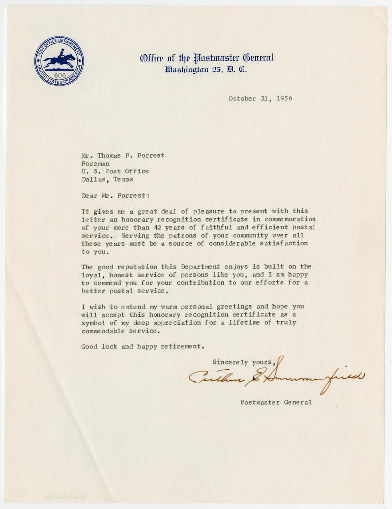 Letter from Arthur E. Summerfield, US Postmaster General, to Thomas F. Forrest, commending him for his 42 years service as a postal worker, and presenting him with a certificate of honorary recognition.