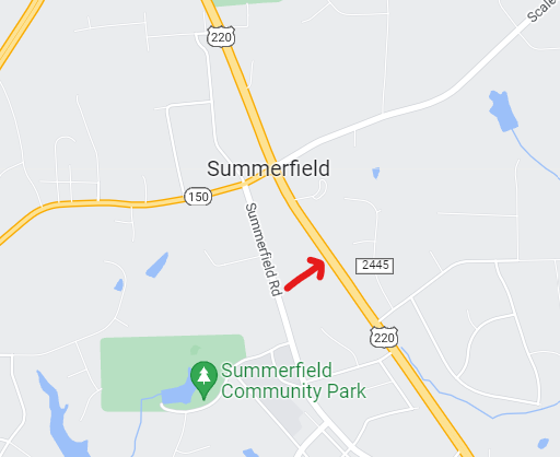 The Route 220 500 foot displacement that took place in 1952. Now known as Summerfield Rd. was once the original path of Route 220 through Summerfield, NC.