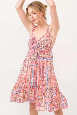 And The Why Tied Front Smocked Back Tiered Boho Printed Dress - Simplyglampingusa