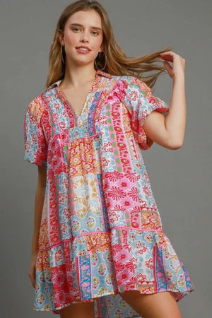 Umgee Full Size Smocked Floral Puff Sleeve Mini Dress Plus Size - Simplyglampingusa
